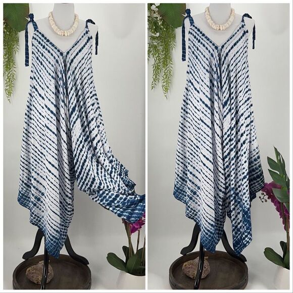 The Pō`alima Romper Blue/White V-Neck V Back Shoulder Tie  Boho Gypsy  Wide Leg - Picture 2 of 15